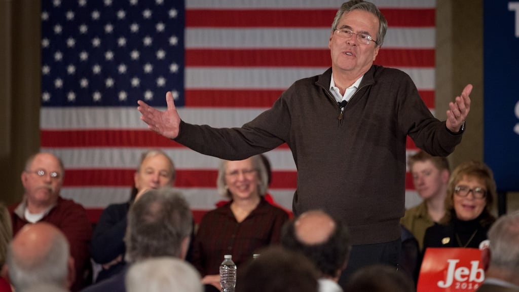 Republican presidential candidate Jeb Bush speaking in Laconia, New Hampshire. When campaigning in the state on Tuesday, a struggling Bush urged his audience to “please clap”. Photograph: Matthew Cavanaugh/Getty Images