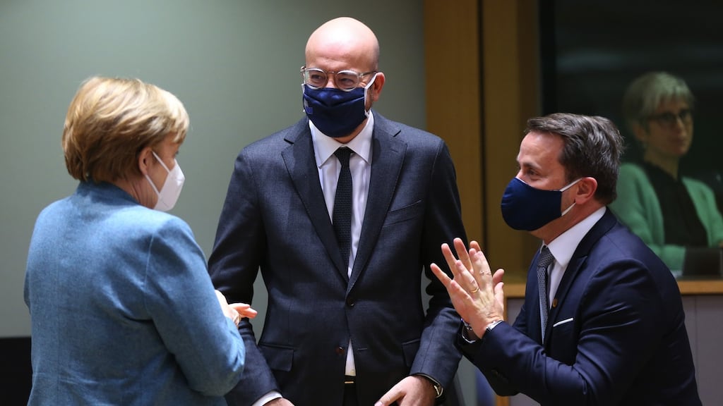 German chancellor Angela Merkel, European Council president Charles Michel and Xavier Bettel, Luxembourg’s prime minister, at the EU summit in Brussels. Photograph: Dursun Aydemir/Anadolu Agency/Bloomberg