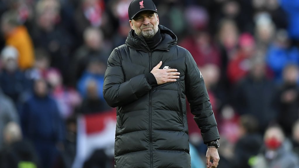 Liverpool manager Jürgen Klopp is keen to keep the pressure on Manchester City in this year’s Premier League title race with a win over Leeds United on Wednesday night. Photograph:  Richard Martin-Roberts/CameraSport via Getty Images
