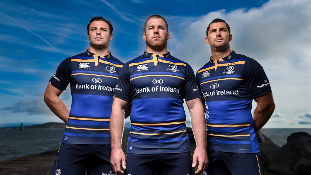 Robbie Henshaw, Seán O’Brien and Rob Kearney model Leinster’s new kit. Photograph: Stephen McCarthy/Sportsfile
