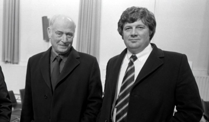 Stardust owner Patrick Butterly and his son, manager Eamon Butterly photographed at the last day of the Stardust inquiry, November 1981.
Photograph: Peter Thursfield