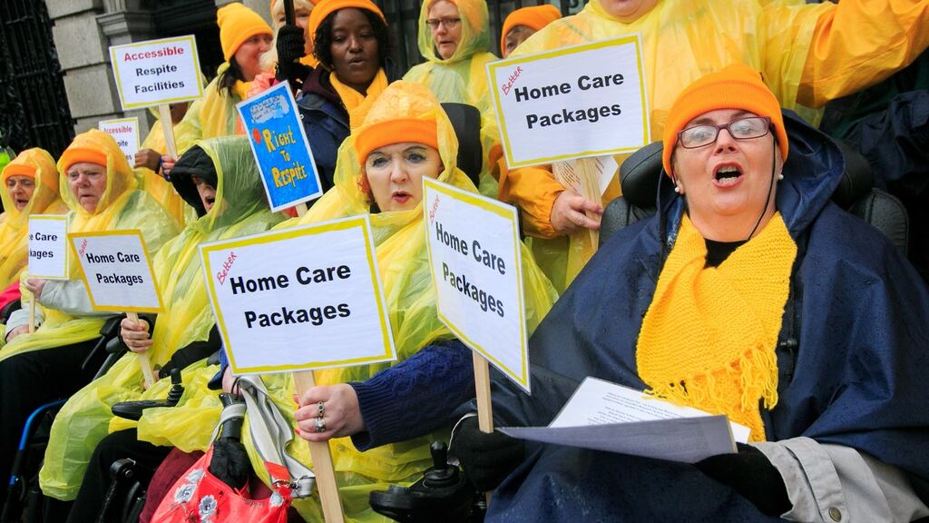 Fiona O’Reilly (right) with Linda Ahern, from Templeogue and other protesters for better respite and homecare services. Photograph: Gareth Chaney Collins