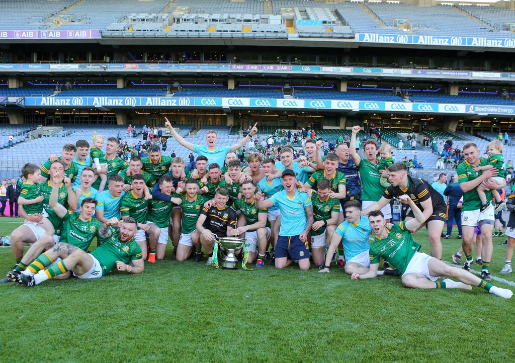 The Meath team celebrate with the Christy Ring Cup after their victory over Derry at Croke Park. Photograph: Ken Sutton/Inpho