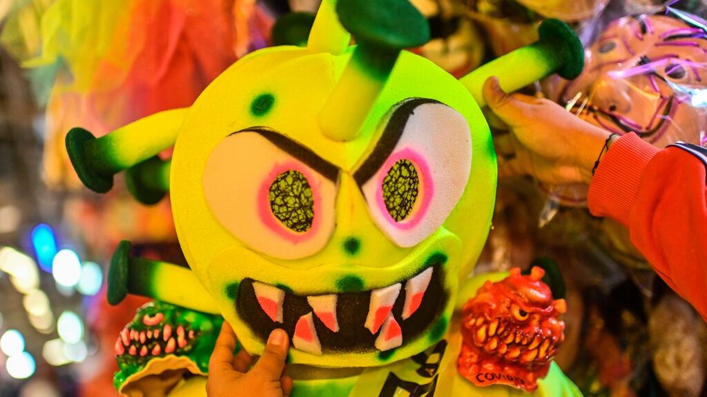 This year’s Halloween costume: the coronavirus itself. Photograph: Pedro Pardo/AFP