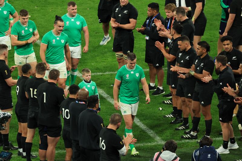 New Zealand players applaud as Johnny Sexton leaves the pitch following Ireland's defeat to the All Blacks in the 2023 Rugby World Cup quarter-finals at the Stade de France. Photograph: Emmanuel Dunand/AFP/Getty