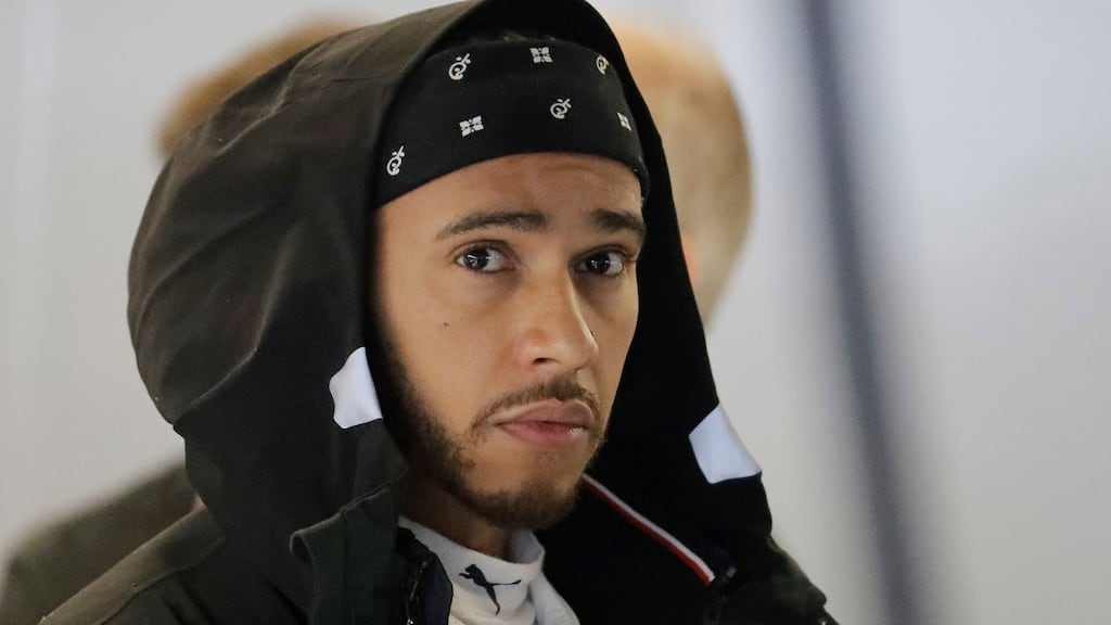 Mercedes driver Lewis Hamilton watches lap times during the first practice session at the Circuit of the Americas in Austin, Texas. Photograph: Darron Cummings/AP
