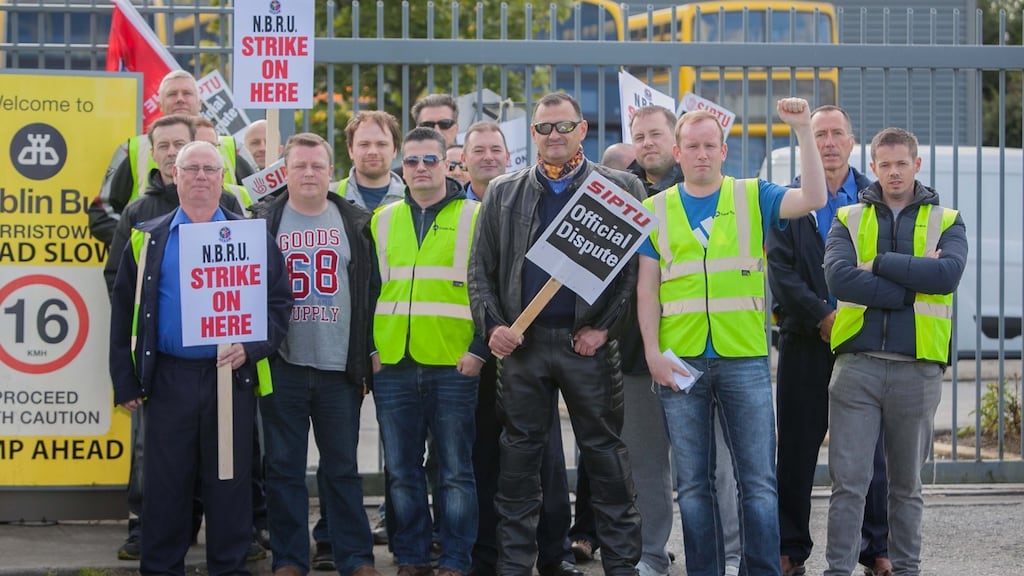 Dublin Bus drivers and staff striking outside the Harristown Bus Depot, Dublin. Photo: Gareth Chaney Collins