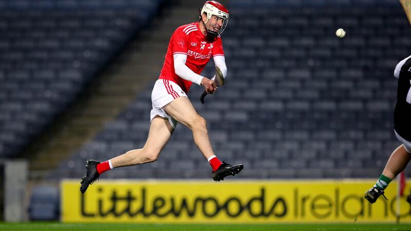 Louth’s Andrew Mackin scores his side’s second goal during the Lory Meagher Cup final against Fermanagh at Croke Park. Photograph: Ryan Byrne/Inpho
