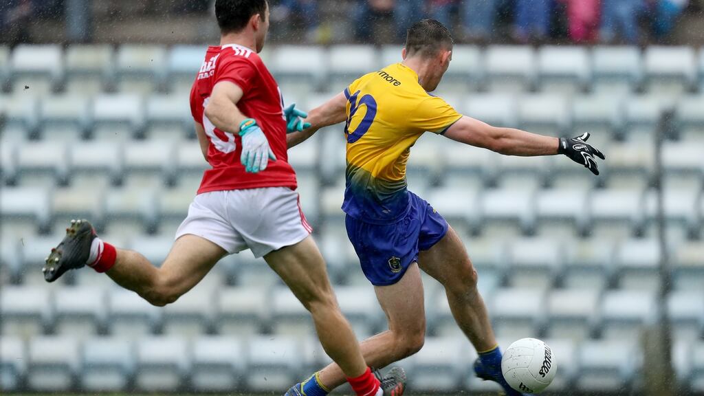 Roscommon’s Brian Stack scores a goal against Cork on Sunday afternoon. Photograph: Inpho