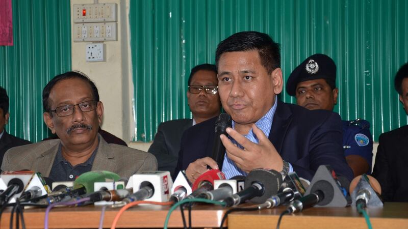 Myanmar foreign secretary Myint Thu speaking to journalists during his visit to the Rohingya refugee camps at   Cox’s Bazar, Bangladesh on Wednesday. Photograph: Suzauddin Rubel/AFP/Getty Images