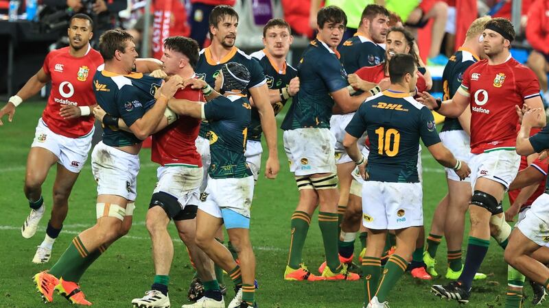 Tom Curry of the Lions gets to grips with South Africa A player Rynhardt Elstadt. Photograph: David Rogers/Getty Images