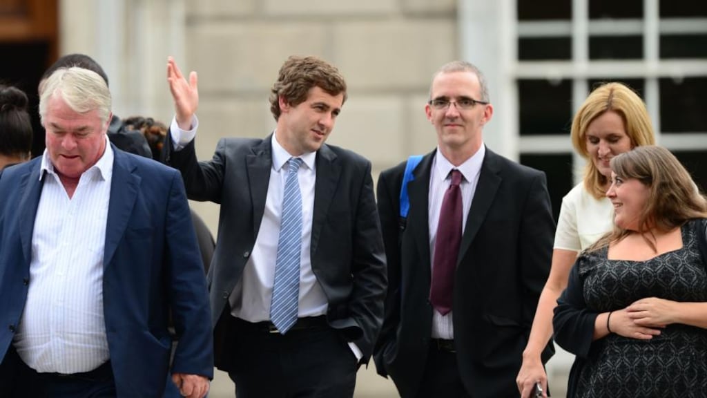 Senator Mark Daly (centre) with members of the Irish Kidney Association Mark Murphy (left) Colin White, Gwen O’Donoghue, and Valerie Brady on the Plinth at the Dail after the recalled Seanad debate on organ donation. Photograph: Alan Betson/The Irish Times