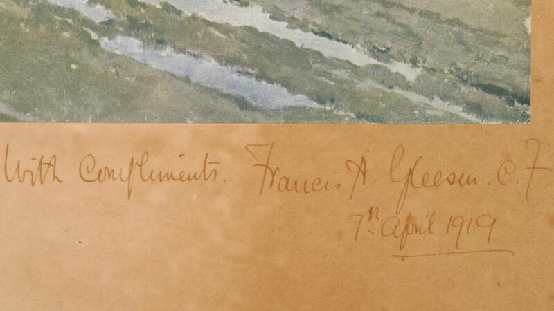 The signature of Fr Francis Gleeson, on the base of the painting which is expected to go for €3,000 to €5,000 at auction