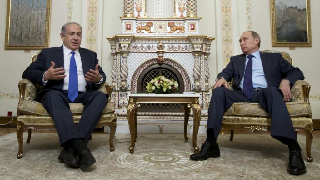 Israeli prime minister Binyamin  Netanyahu Russian president Vladimir Putin   at the Novo-Ogaryovo state residence outside Moscow, Russia: Israel and Russia have a “common interest in ensuring stability” in Syria, Mr Netanyahu said at the meeting.  Photograph: Ivan Sekretarev/Pool/Reuters