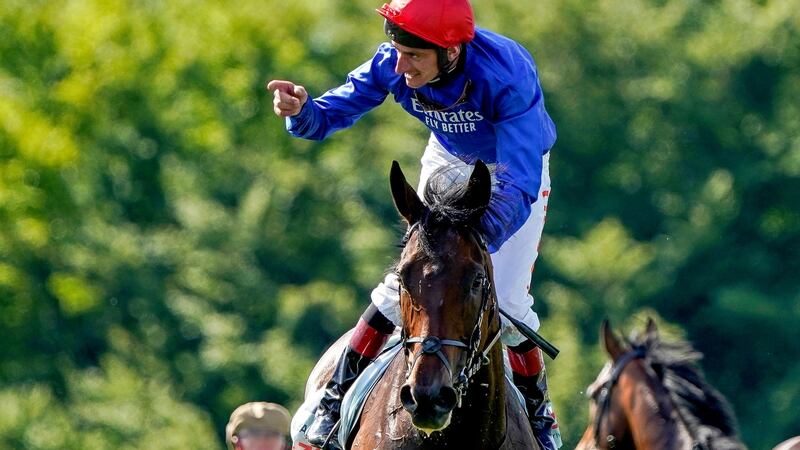 Adam Kirby celebrates on top of Adayar after winning the Cazoo Derby at Epsom on Saturday. Photograph: Alan Crowhurst/PA Wire