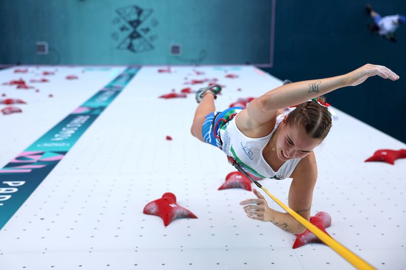 Beatrice Colli of Team Italy climbs during the Women's Speed Climbing seeding heats on Day 10 of the Olympic Games at Le Bourget Sport Climbing Venue on Monday in Paris. Photograph: Michael Reaves/Getty Images