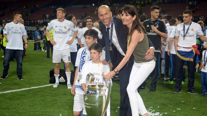 Zidane with his wife Veronique and his sons Theo and Elyaz after winning the Champions League in 2016. Photo: Filippo Monteforte/Getty Images