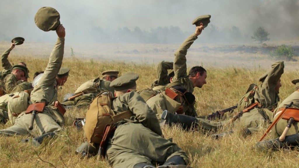 Members of a historical military club participate in the re-enactment of the Battle of Tannenberg – an engagement between the Russian and the German empires in the first days of the first World War – in Szkotowo, northern Poland. Photograph: Tomasz Waszczuk/EPA