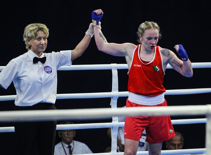 Ireland’s Amy Broadhurst celebrates winning the semi-final at the Women's European Boxing Championships, Montenegro. Photograph: INPHO/Aleksandar Djorovic