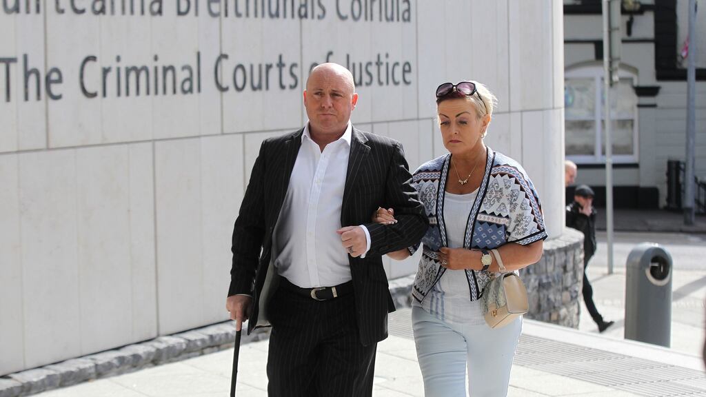 David Mahon (44) of Ongar Village in Consilla, pictured arriving at the Central Criminal Court in Dublin on Friday with his wife Audrey where he is charged with the murder of Audrey’s son, Dean Fitzpatrick in 2013. Photograph: Collins Courts