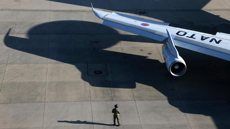 A Nato Awacs (Airborne Warning and Control Systems) aircraft is seen on the tarmac as it prepares to take-off for a training mission from the Awacs air base in Geilenkirchen near the German-Dutch border. Photograph: Francois Lenoir/Reuters