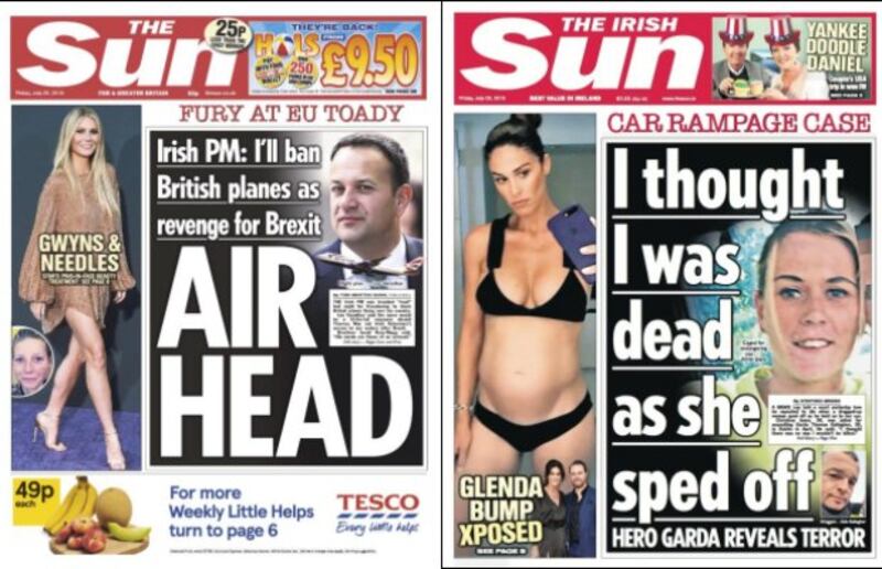 The Irish and British editions of Friday's Sun newspaper