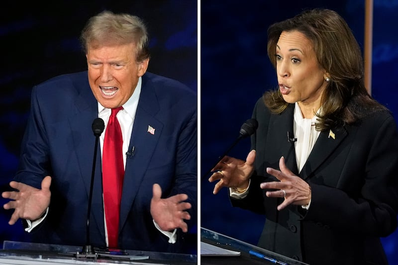 Republican nominee Donald Trump and Democratic nominee vice-president Kamala Harris during the debate. Photograph: Alex Brandon/AP