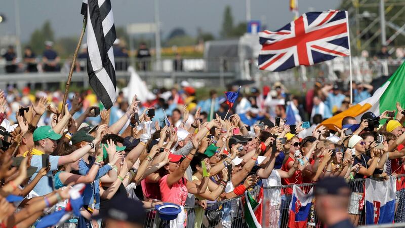 Faithful greet Pope Francis as he arrives to the Campus Misericordiae during World Youth Day in Brzegi near Krakow, Poland, Sunday. Photograph: Reuters/David W Cerny