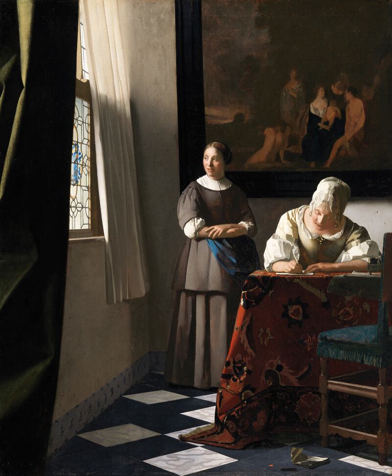 At the National Gallery of Ireland: Woman Writing a Letter, with Her Maid, by Jan Vermeer, from Vermeer and the Masters of Genre Painting: Inspiration and Rivalry