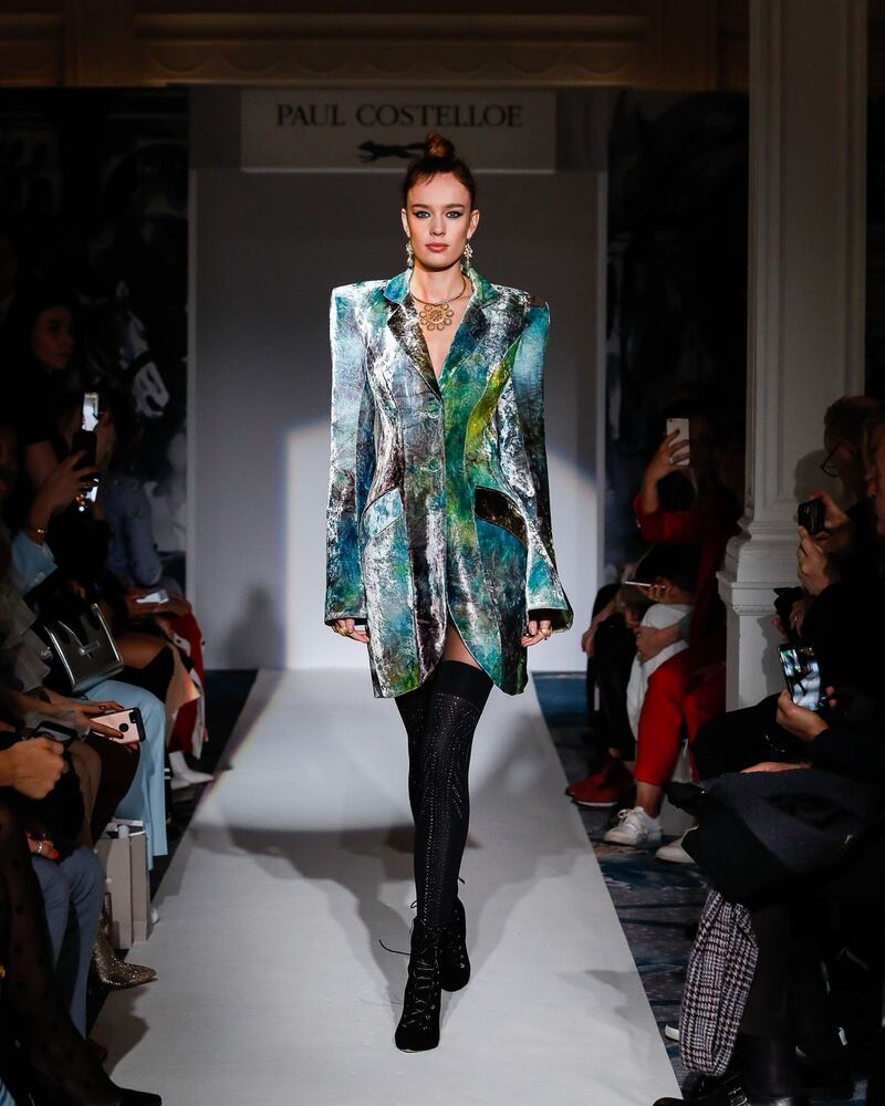 A model presents Paul Costelloe at London Fashion Week Women’s A/W19 in London, Britain February 18, 2019.