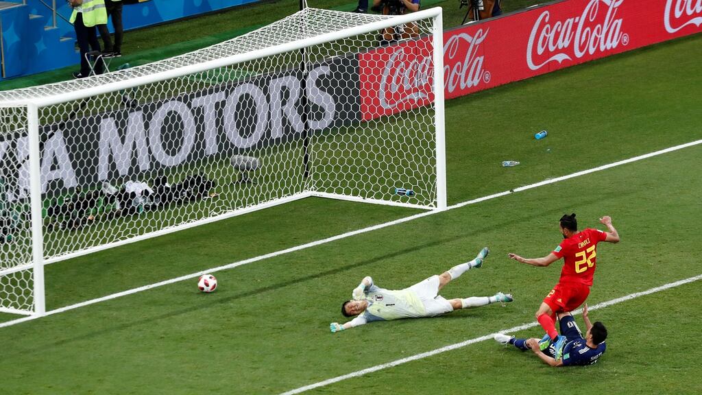 Belgium’s Nacer Chadli scores their winning  goal  in injury-time at the end of the  World Cup Round of 16 against  Japan at the  Rostov Arena. Photograph: Murad Sezer/Reuters