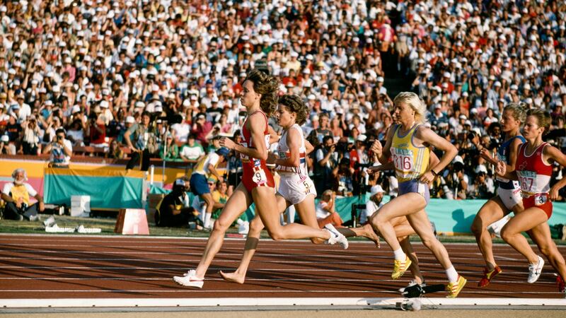 Mary Decker, Zola Budd and Maricica Puica (316) during the controversial Women’s 3000 Metres final at the 1984 Olympic Games in Los Angeles. Photo: Tony Duffy/Getty Images