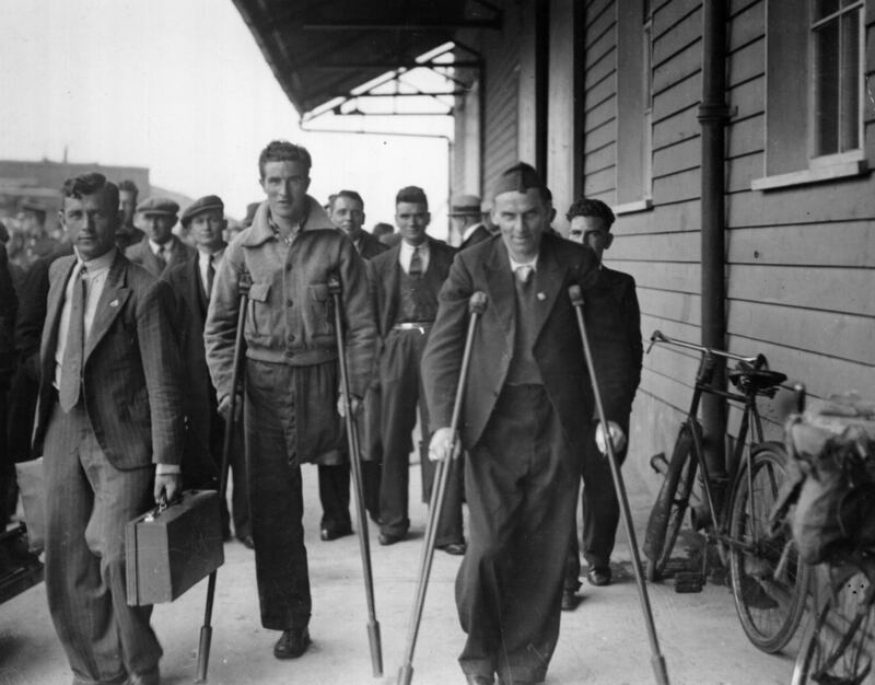 Irish volunteers injured during the Spanish Civil War arrive back in Dublin. Photograph: Keystone/Getty Images