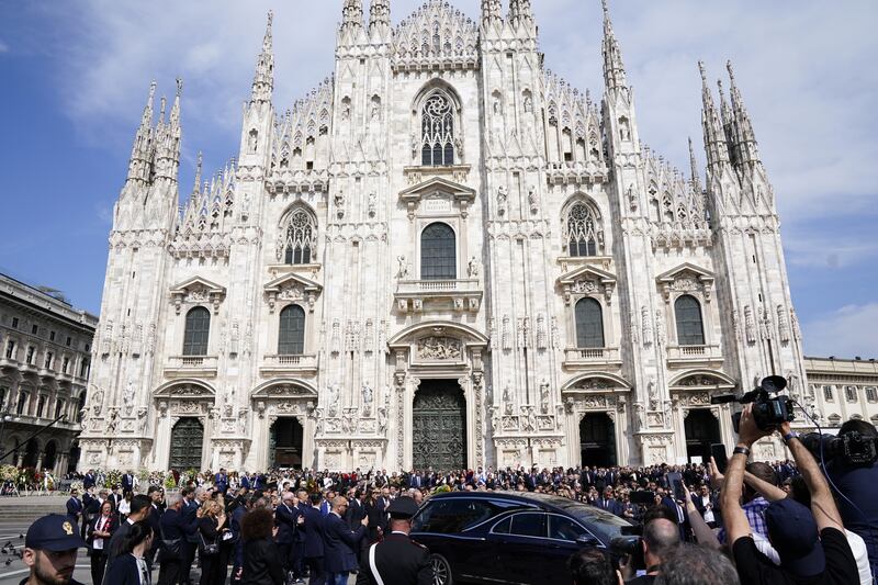 Silvio Berlusconi's coffin leaves the Milan cathedral following his funeral. Photograph: Pier Marco Tacca/Getty Images