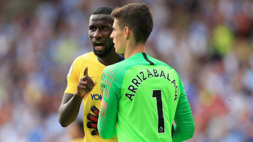 Antonio Rudiger with goalkeeper Kepa Arrizabalaga. The players made their peace again following a training ground confrontation. Photograph: Simon Stacpoole/Offside/Getty Images