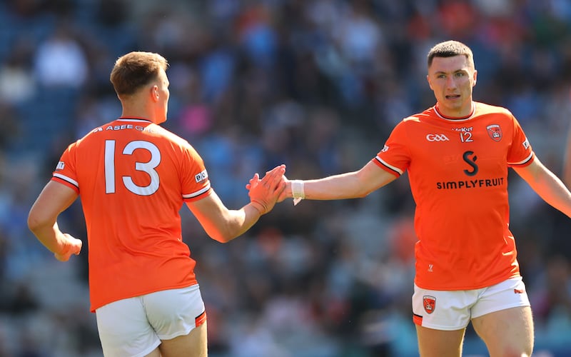 Armagh’s Rian O'Neill celebrates a two point score with Óisín Conaty against Dublin in Round 2 of the championship earlier this month. Photograph: James Crombie/Inpho