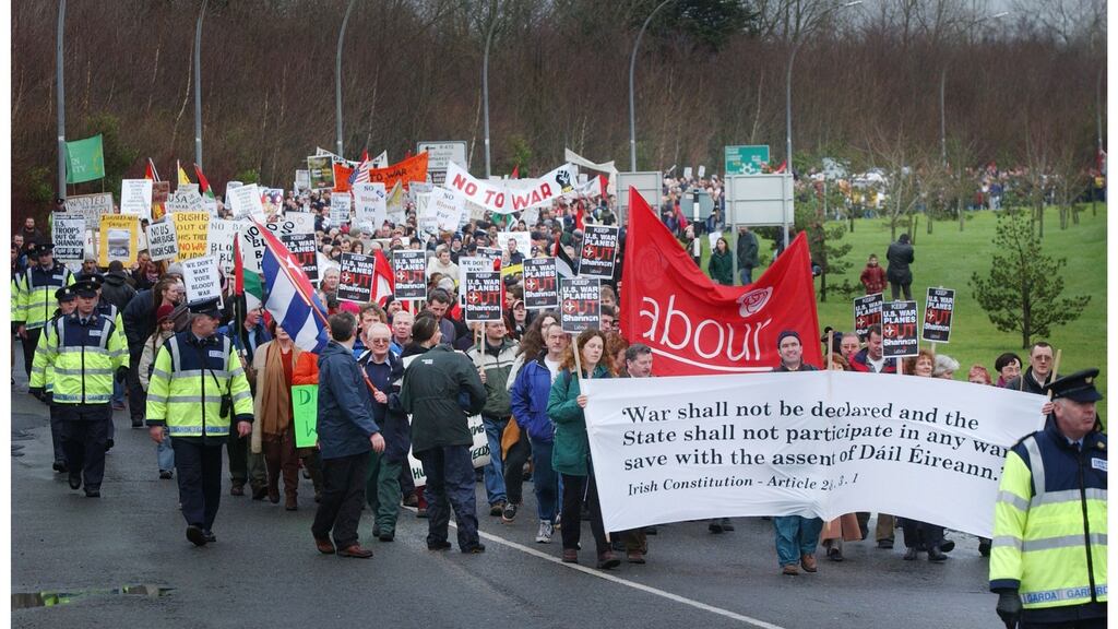 Protestors march to Shannon Airport to protest about US military equipment and troops passing through the airport. Photograph: Alan Betson