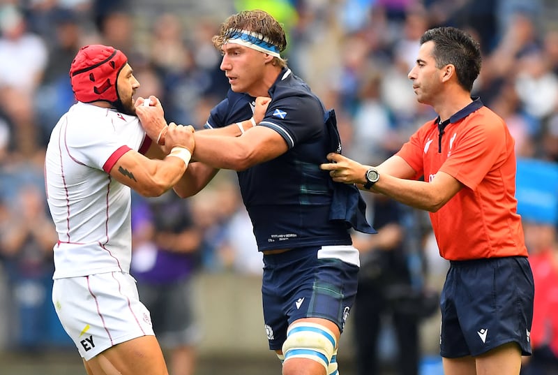 Jamie Ritchie takes Aka Tabutsadze to task during Scotland's 33-6 warm-up win over Georgia on Saturday in Murrayfield Stadium. Photograph: Andy Buchanan/AFP via Getty Images