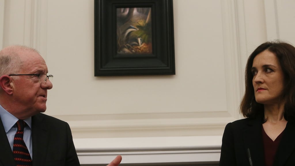 Northern Ireland Secretary Theresa Villiers and  Minister for Foreign Affairs Charlie Flanagan at Stormont House in Belfast. Photograph: Brian Lawless/PA Wire