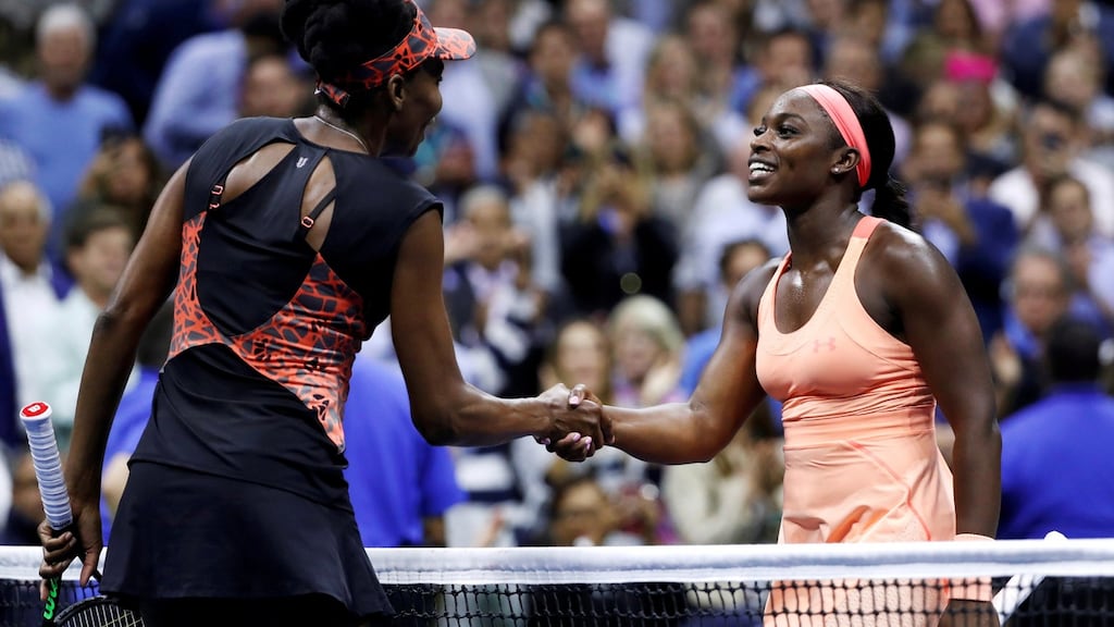 Venus Williams congratulates Sloane Stephens after their US Open semi-final clash. Photograph: Mike Segar/Reuters