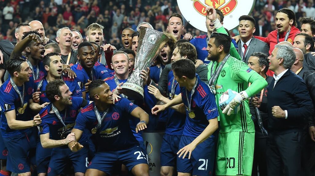 Manchester Unitedcelebrate winning the Europa League final against Ajax Amsterdam at the Friends Arena. Photograph: Getty Images