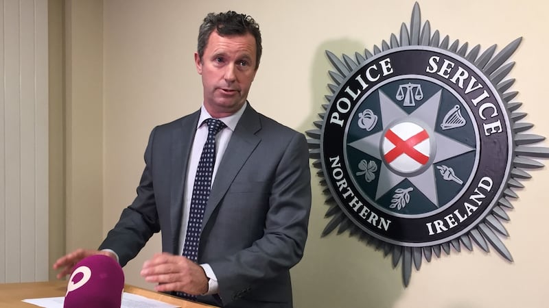 Detective Superintendent John McVea, from the Police Service of Northern Ireland’s terrorism investigation unit, briefing the media at PSNI HQ in Belfast about a new IRA weapons haul. Photograph: David Young/PA