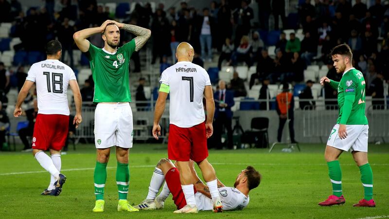 Shane Duffy reacts to a missed chance at the end of Ireland’s goalless draw with Georgia. Photograph: Ryan Byrne/Inpho