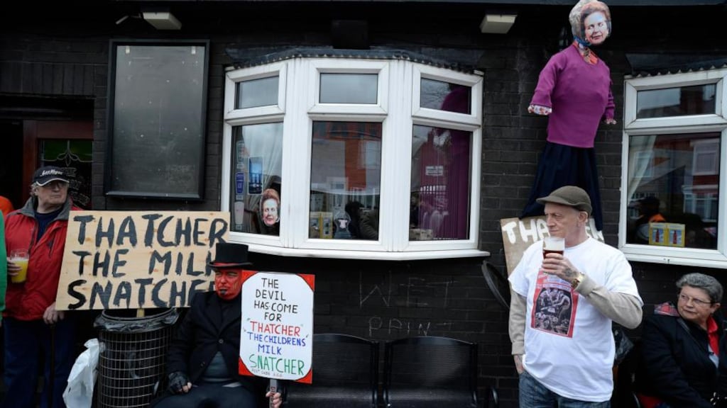 Protesters outside the Comrades pub in the former coal mining village of Goldthorpe on the day of Margaret Thatcher’s funeral last week. Photograph: Nigel Roddis/Reuters