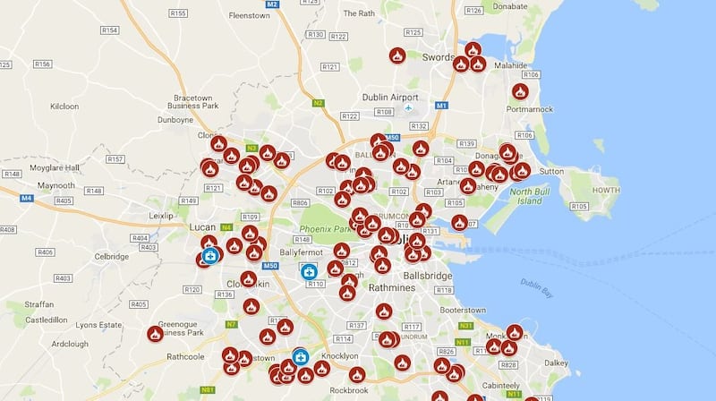 Dublin Fire Brigade posted a map with a little fire symbol for each incident it responded to on Monday evening.