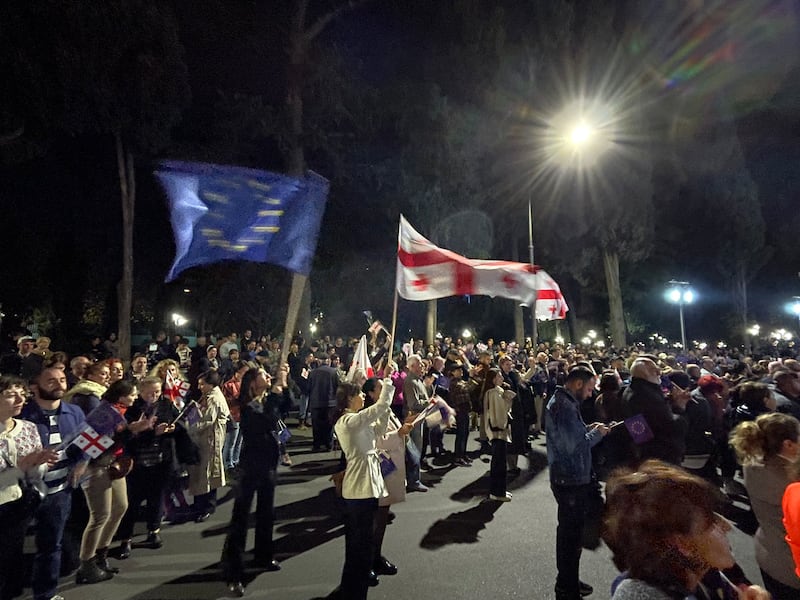 Georgians listen to a speech by their president, Salome Zourabichvili, in Tbilisi on Wednesday night, after the European Commission recommended that the country receive EU candidate member status. Photograph: Daniel McLaughlin