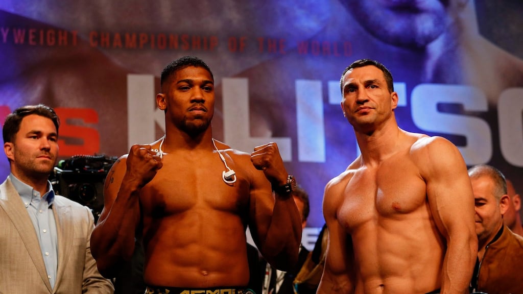 Anthony Joshua and pose during the weigh-in ahead of their world heavyweight title unification bout at Wembley. Photo: Adrian Dennis/Getty Images