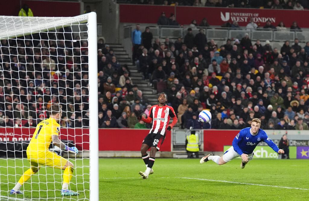 Jake O'Brien scores for Everton against Brentford during their Premier League clash at Gtech Community Stadium in London on Wednesday. Photograph: Adam Davy/PA