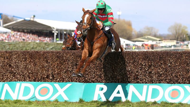 Ornua ridden by  Davy Russell on the way to winning the Doom Bar Maghull Novices’ Chase during Grand National Day at Aintree Racecourse in Liverpool. Photograph: Nigel French/PA Wire