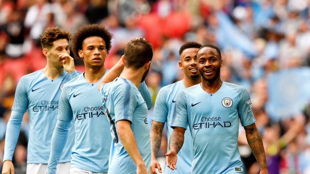Manchester City players during their 6-0 FA Cup final win over Watford at Wembley. Photograph: Neill Hall/EPA